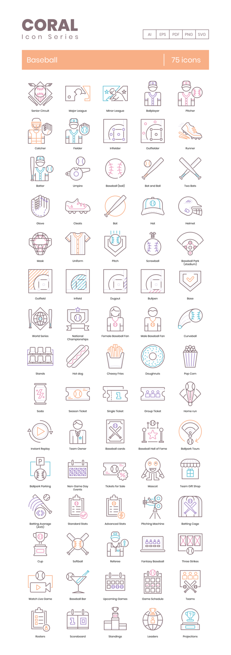 75 Baseball League Icon Set - Flat Icons