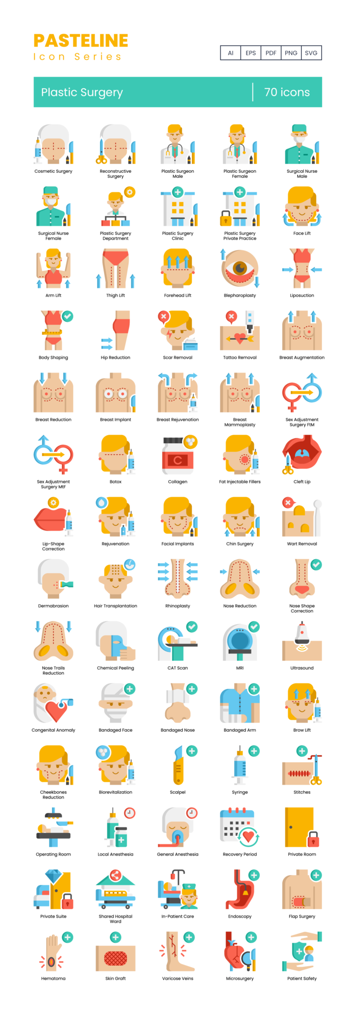70 Plastic Surgery Icon Set - Flat Icons