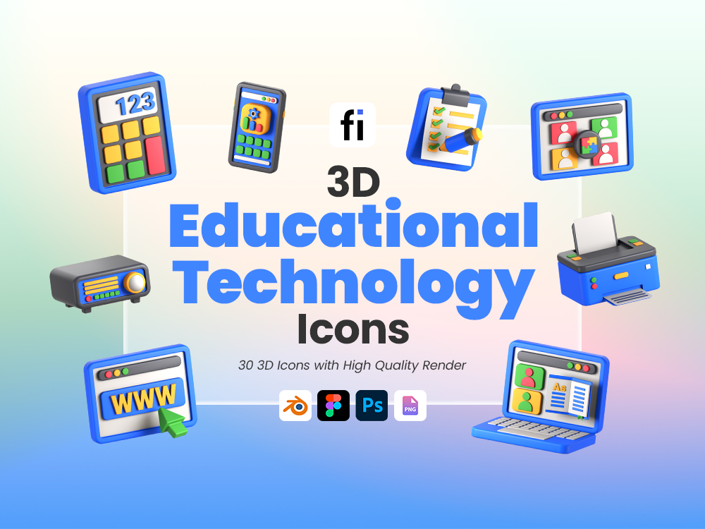 30 3D Educational Technology Icon Set Featured Image