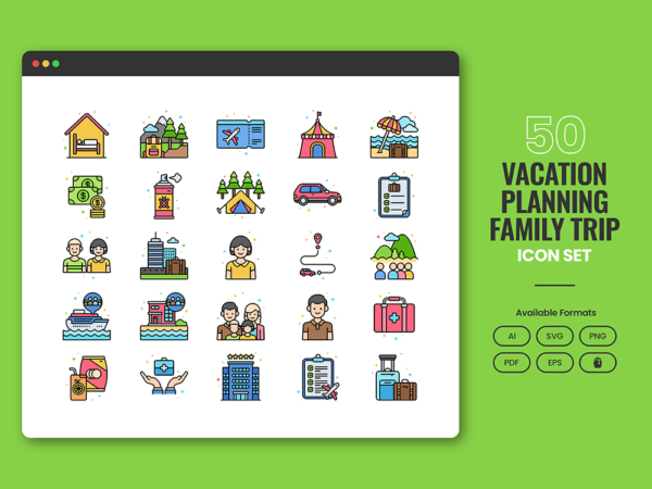 50 Family Excursion Icon Set - Flat Icons