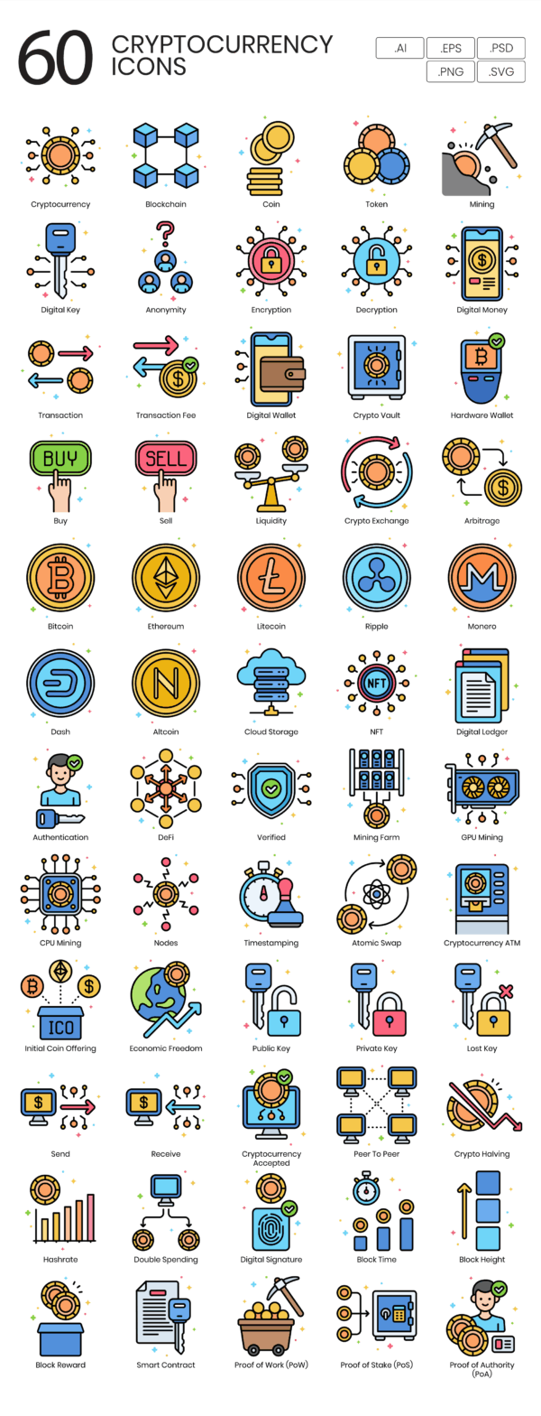 60 Cryptocurrency Icon Set - Flat Icons