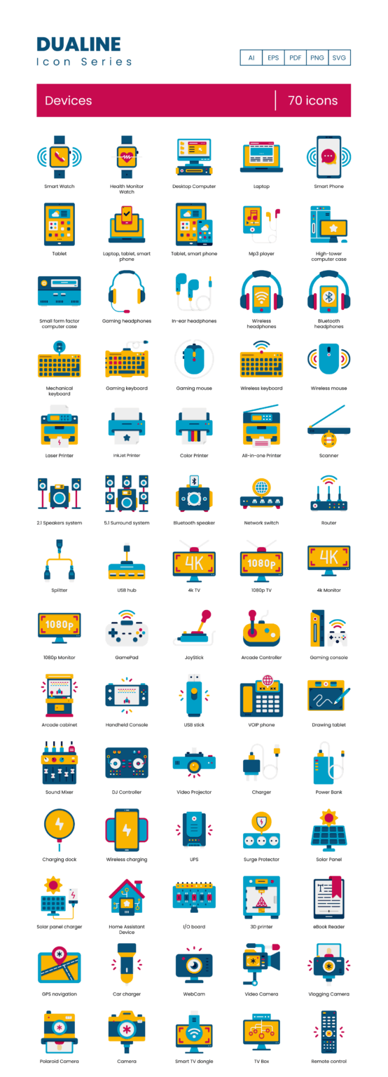 70 Tech Devices Icon Set - Flat Icons