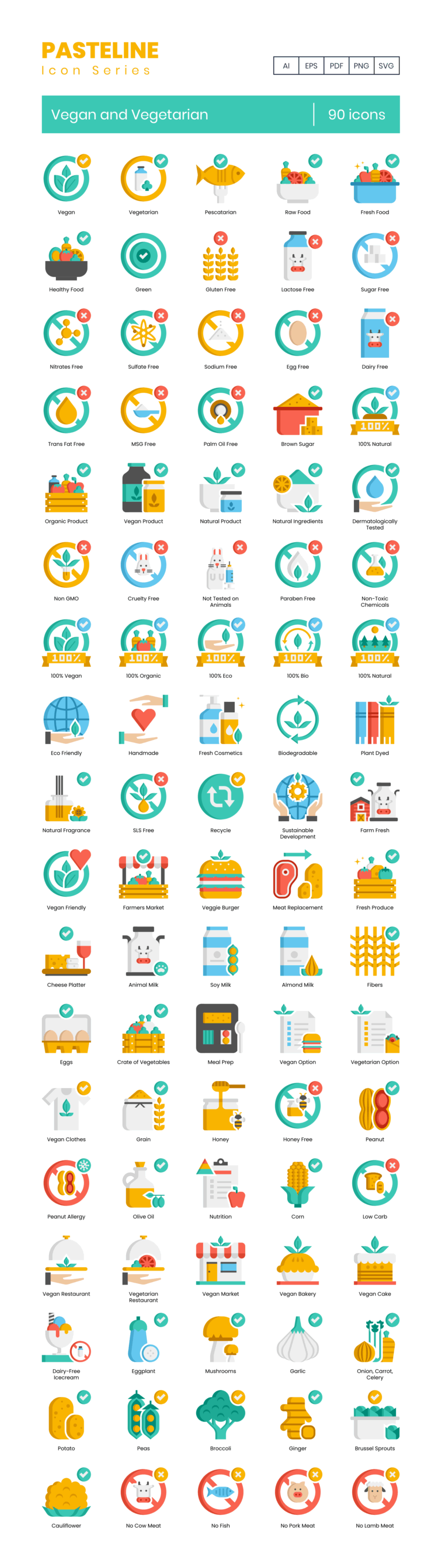90 Vegan and Vegetarian Icon Set - Flat Icons