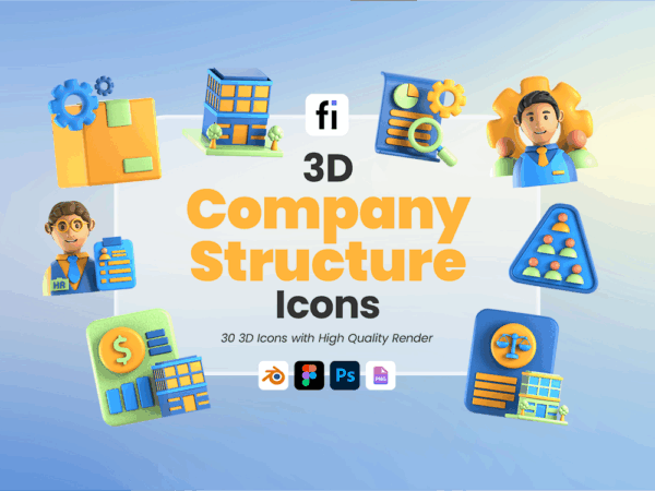 3D Company Structure Icon Set - Flat Icons