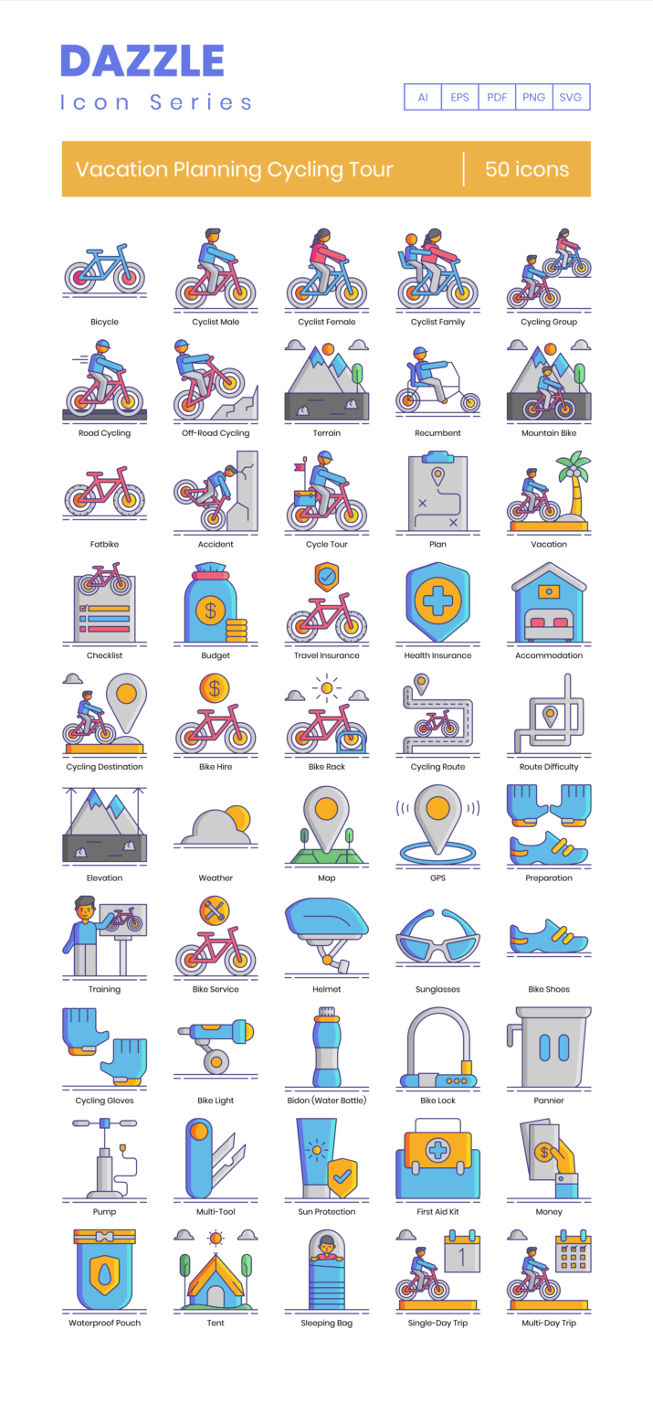 50 Bike Tour Icon Set - Flat Icons