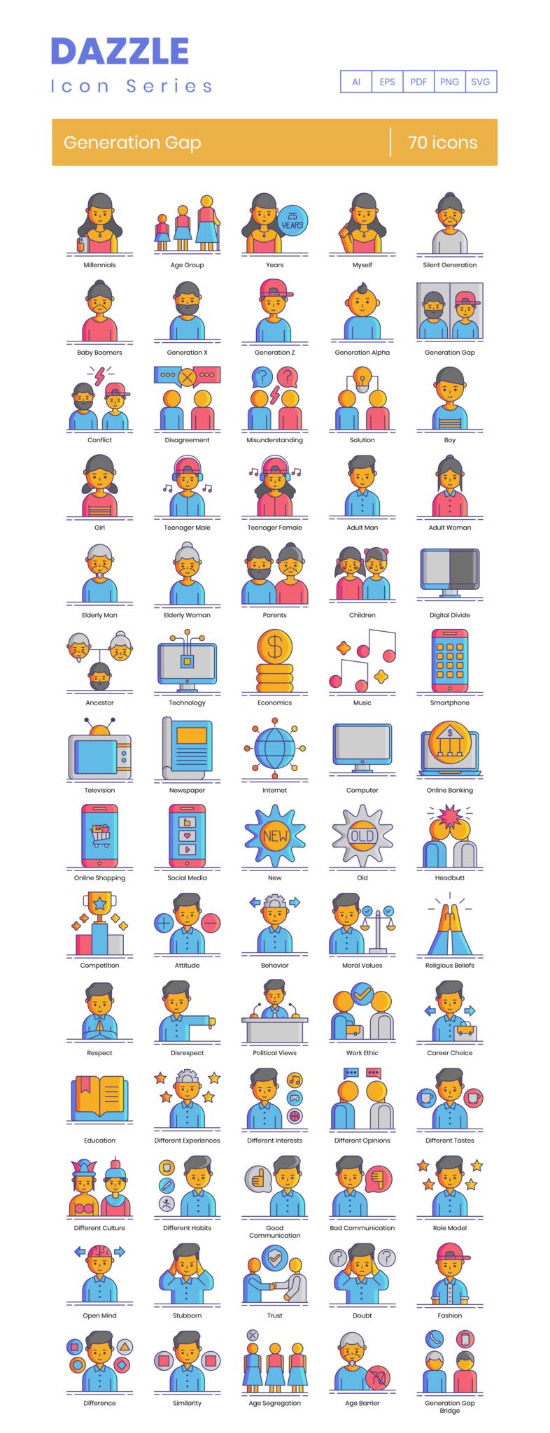 70 Age Divide Icon Set - Flat Icons