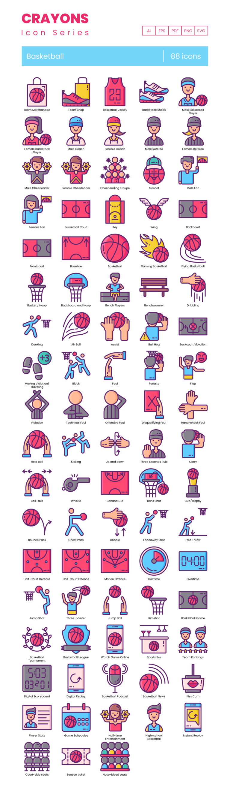 88 Basketball Play Icon Set - Flat Icons
