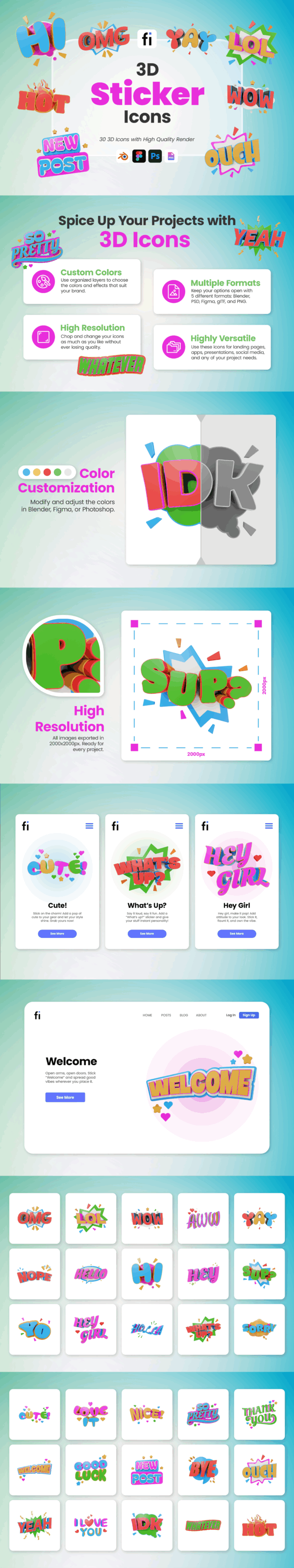 3D Sticker Icon Set - Flat Icons