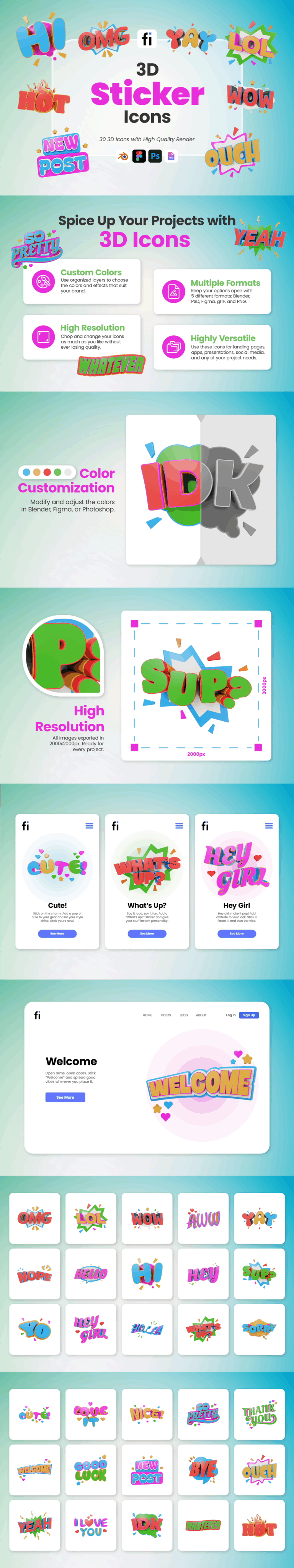 3D Sticker Icon Set - Flat Icons