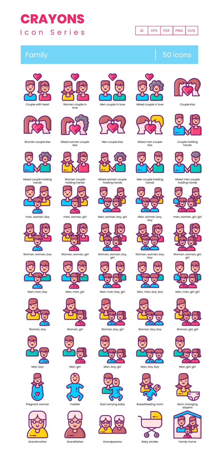 50 Family Icon Set - Flat Icons