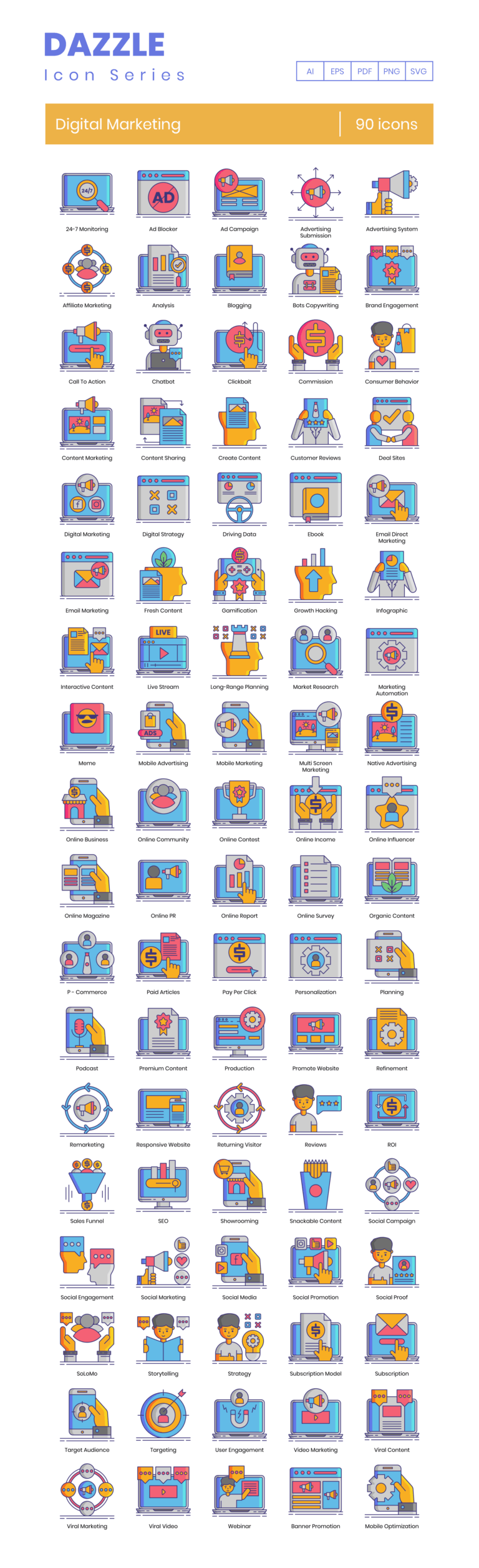 90 Web Advertising Icon Set - Flat Icons