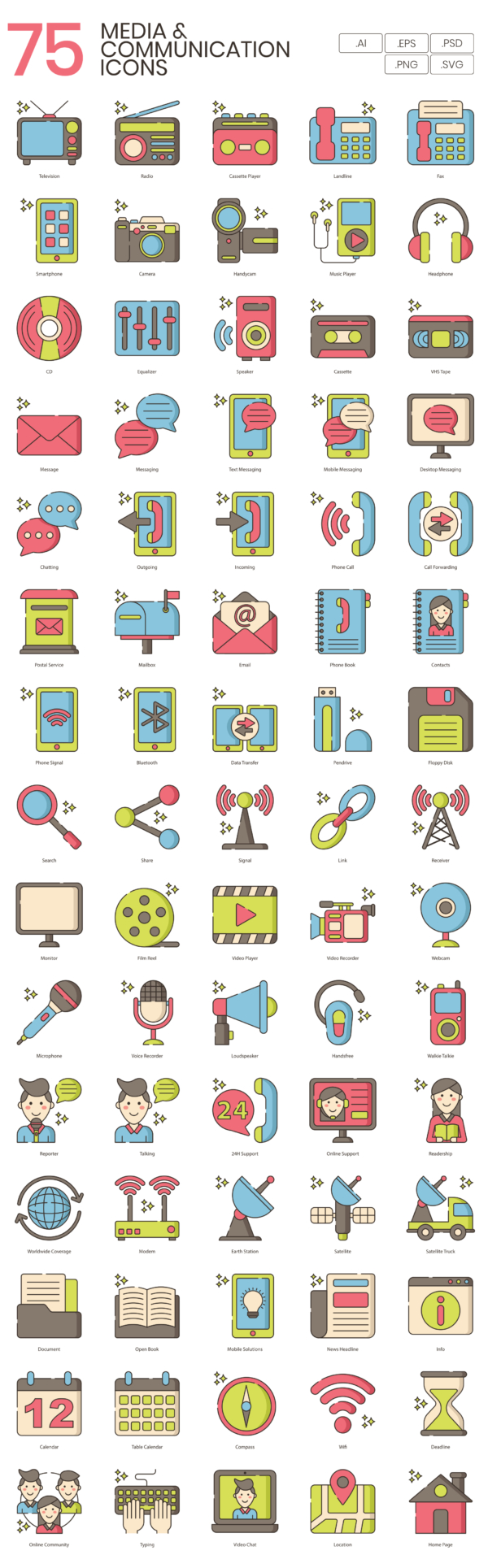 75 Media Comm Icon Set - Flat Icons
