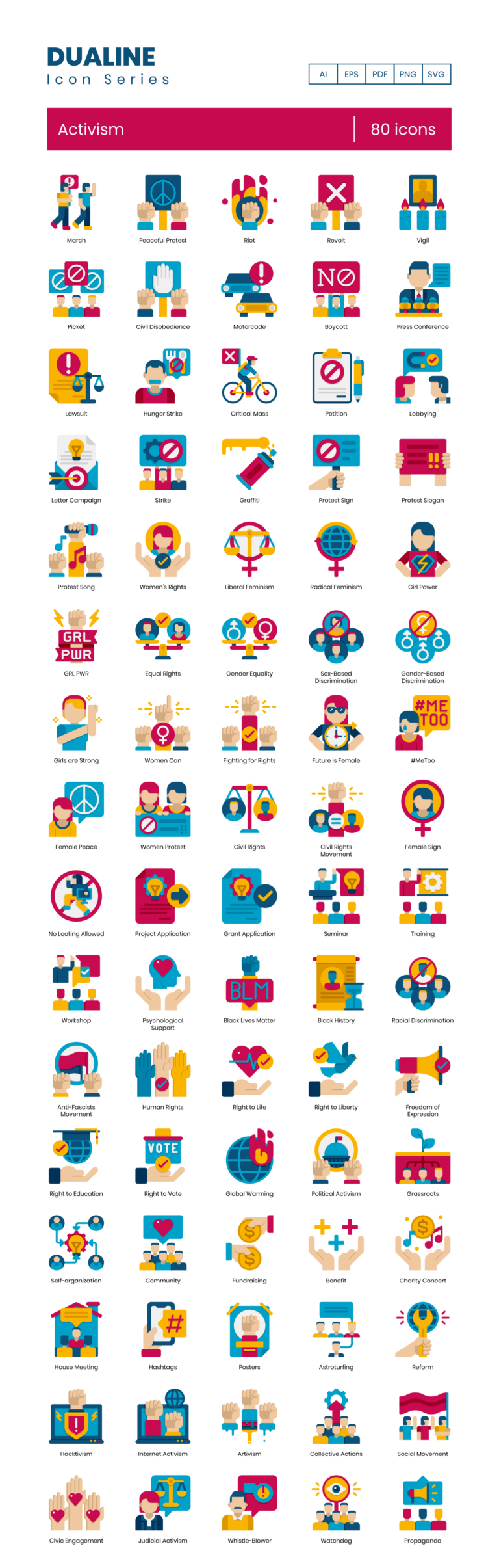80 Protest Icon Set - Flat Icons