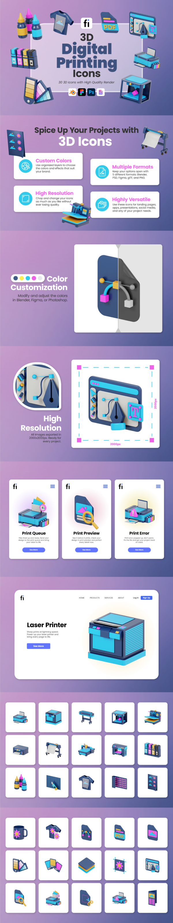 3D Digital Printing Icon Set - Flat Icons