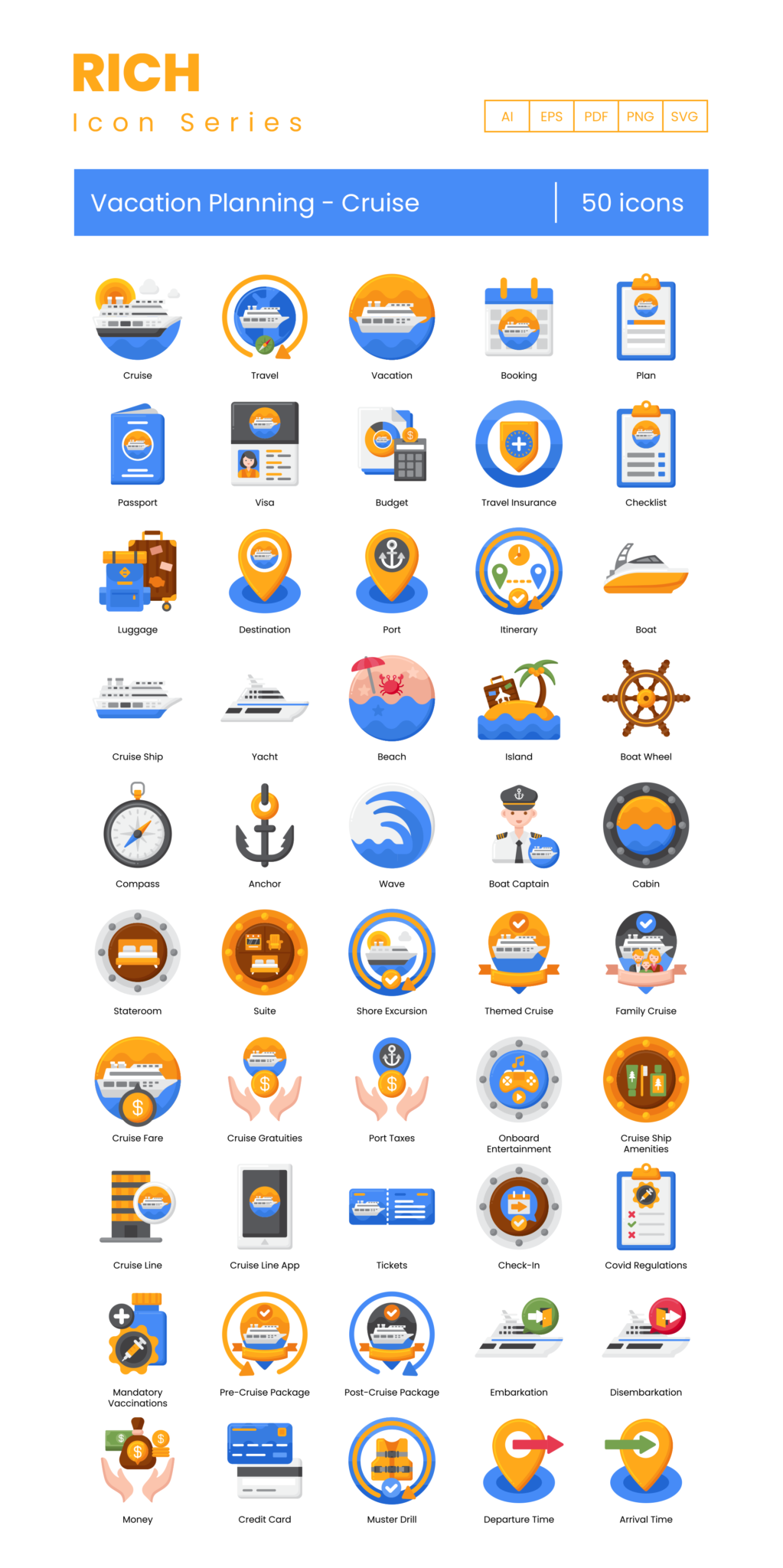 50 Cruise Trip Icon Set - Flat Icons