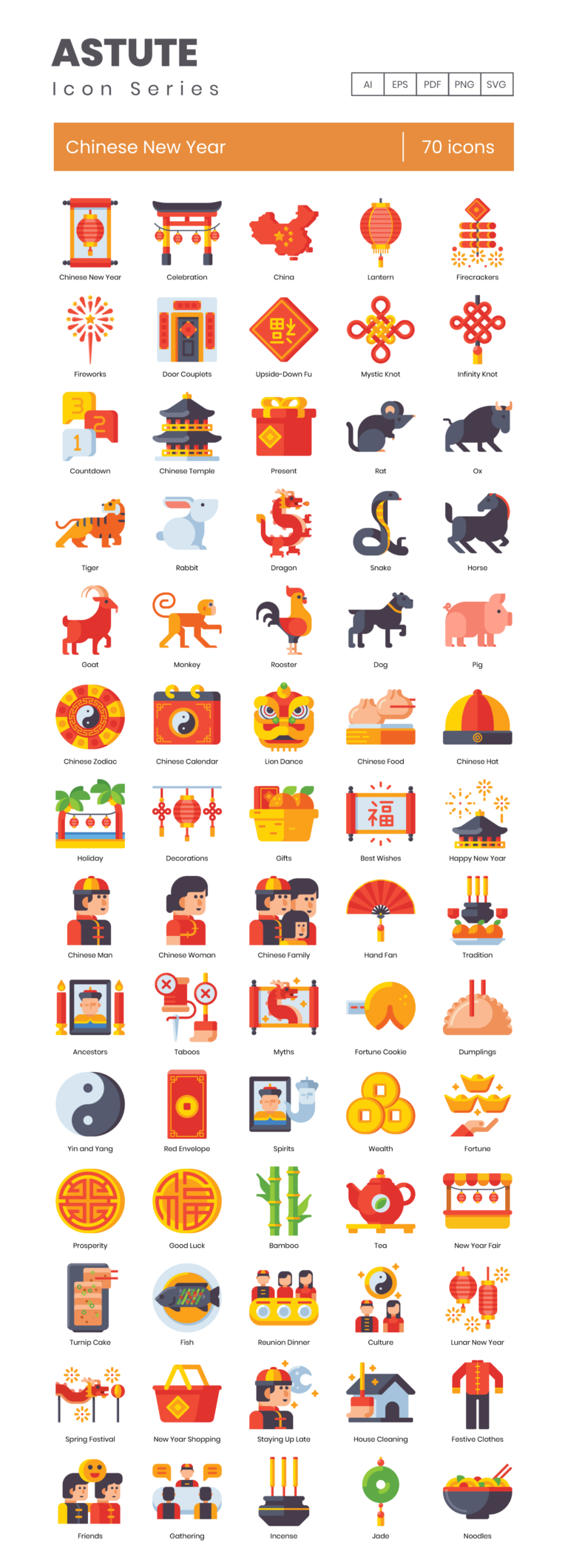 70 Chinese New Year Celebration Icon Set - Flat Icons