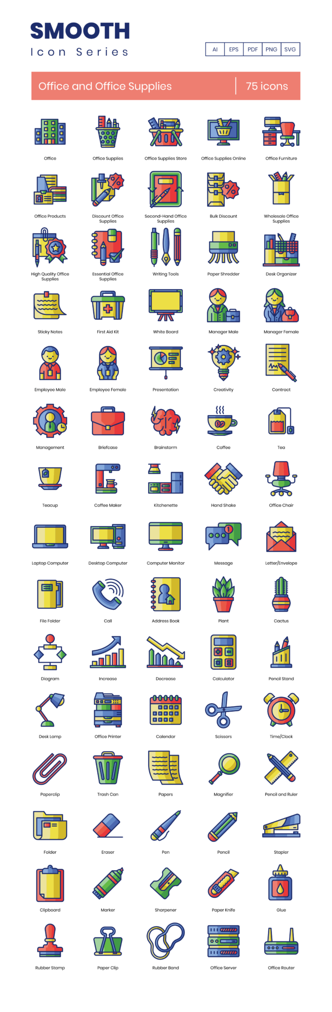 75 Desk Essentials Icon Set - Flat Icons