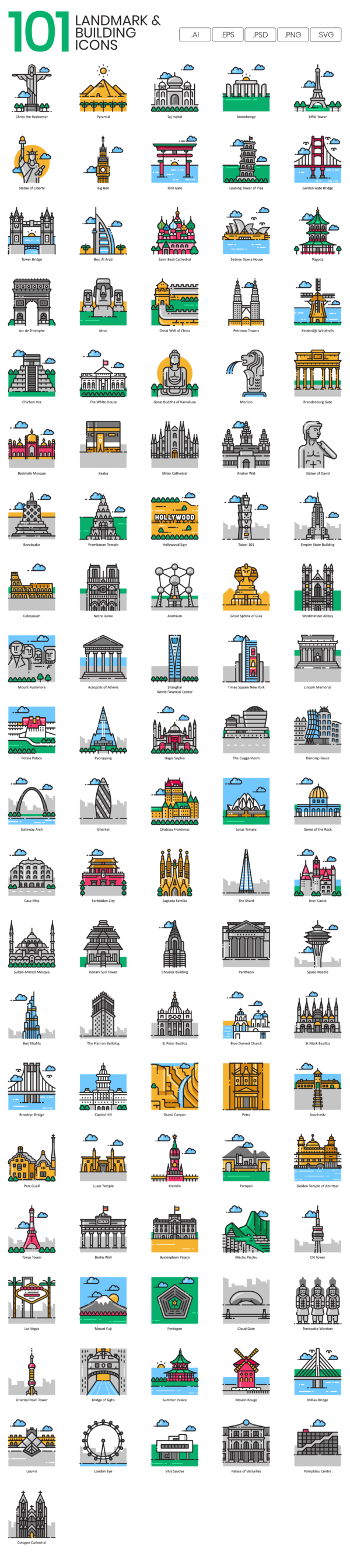 101 Landmark and Building Icon Set - Flat Icons