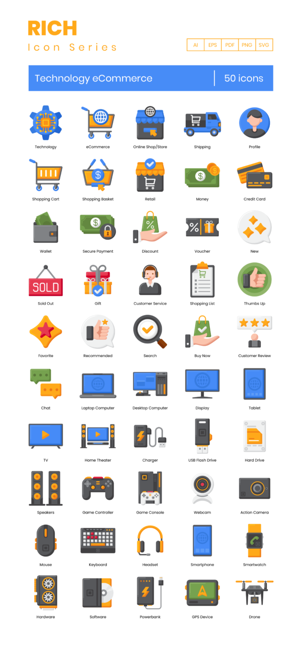 50 Tech Shop Icon Set - Flat Icons