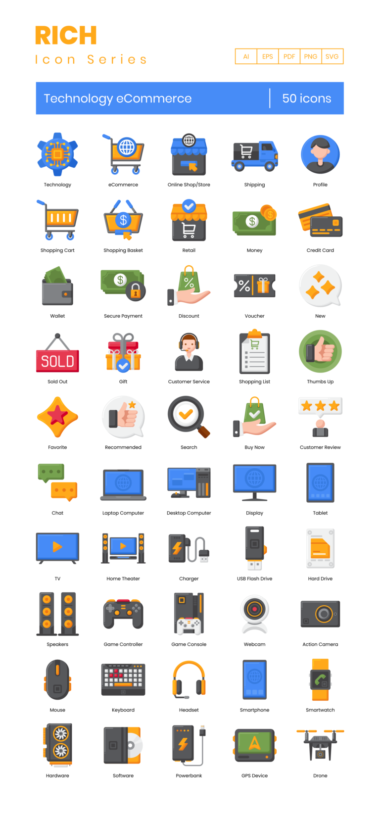 50 Tech Shop Icon Set - Flat Icons