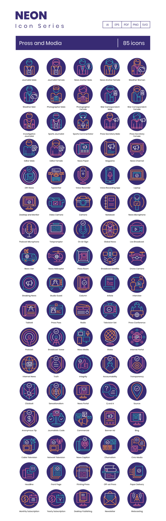 85 News Media Icon Set - Flat Icons