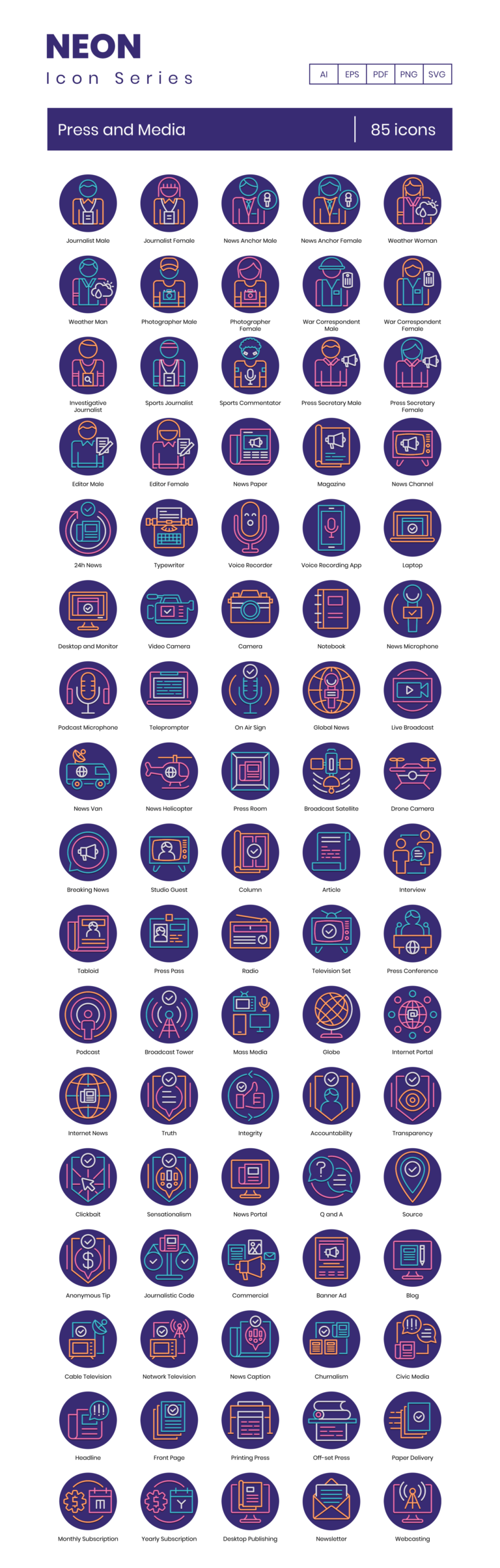 85 News Media Icon Set - Flat Icons