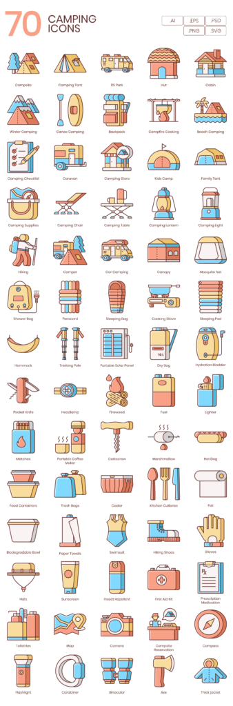 70 Camping Adventure Icon Set - Flat Icons