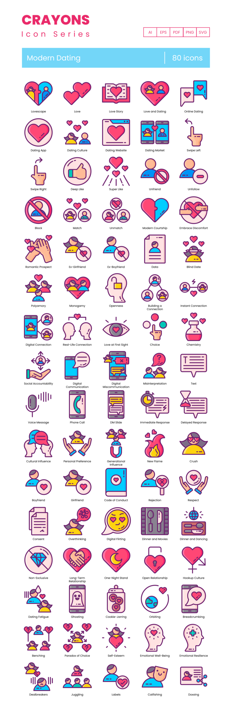 80 Online Romance Icon Set - Flat Icons