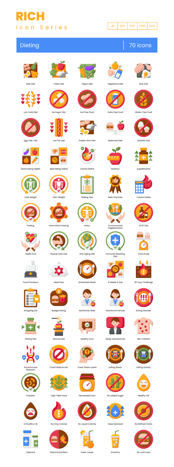 70 Meal Plan Icon Set - Flat Icons