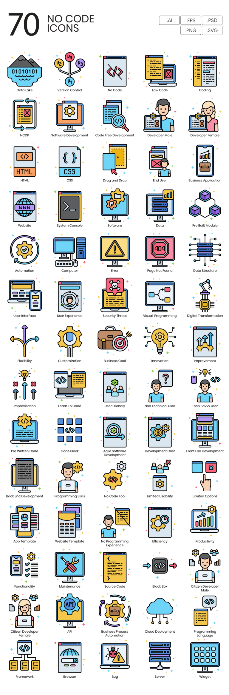 70 Visual Development Icon Set - Flat Icons