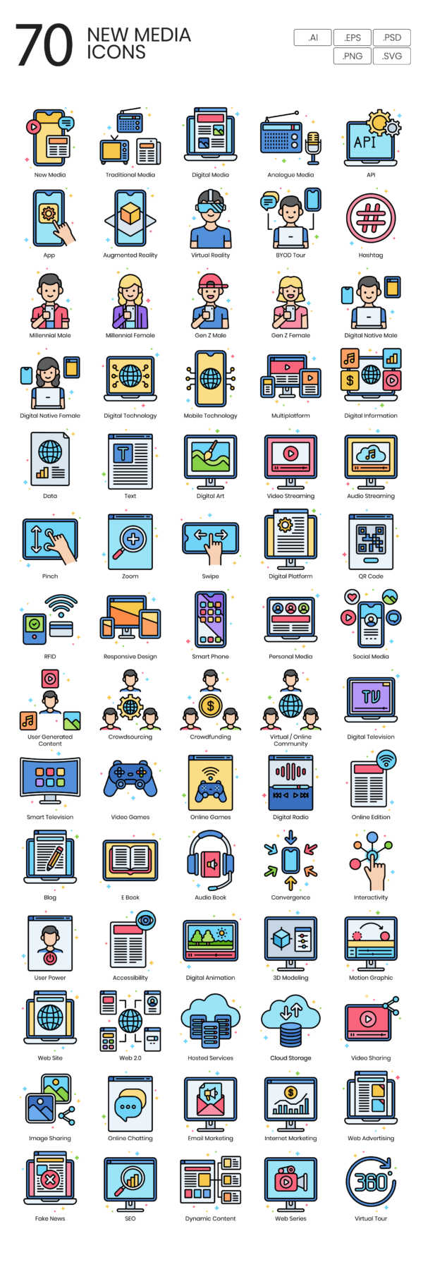 70 Interactive Media Icon Set - Flat Icons