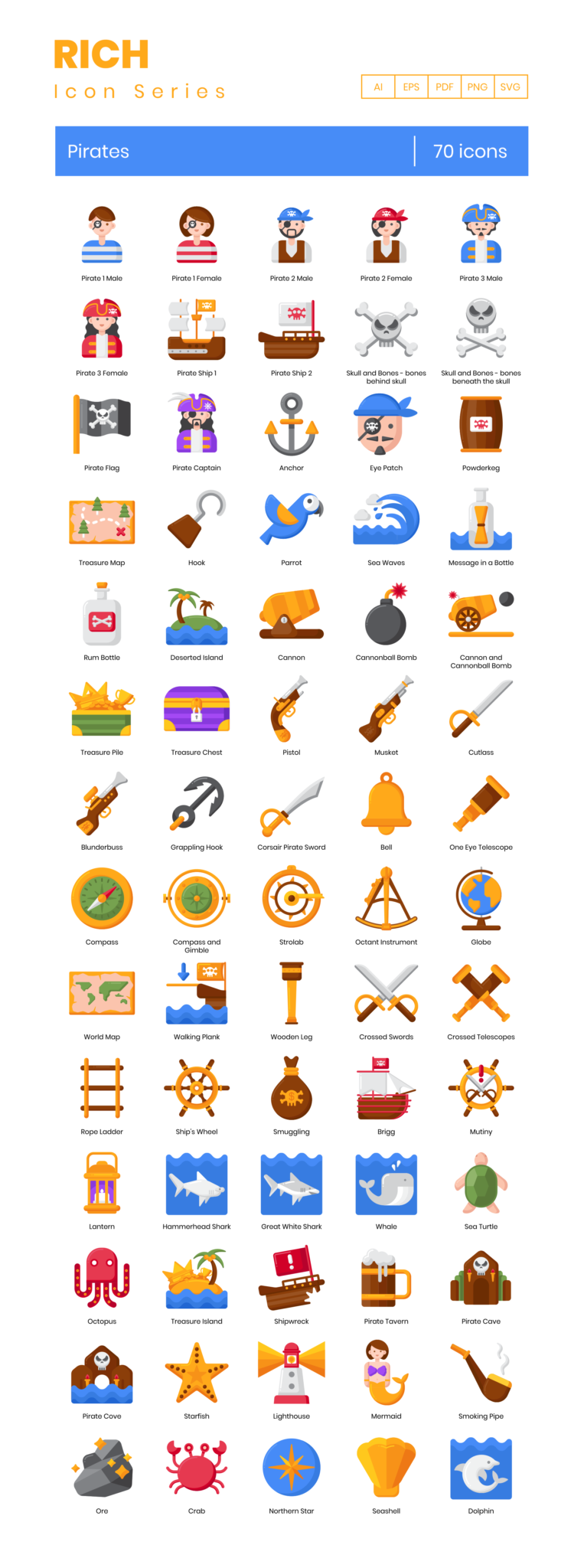 70 Sea Robbers Icon Set - Flat Icons